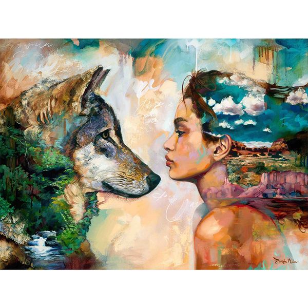 

wolf and girl diy oil painting on canvas- paint by number kit for home wall decor