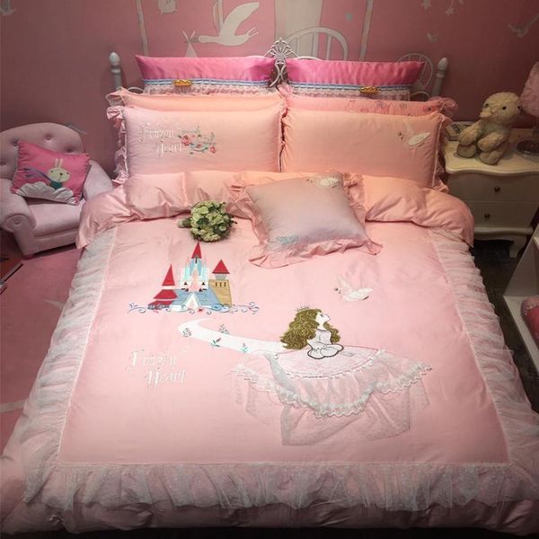 

luxury 100% cotton princess in the castle lace bedding set embroidery duvet cover bed sheet pillowcases twin  size 3/jpcs