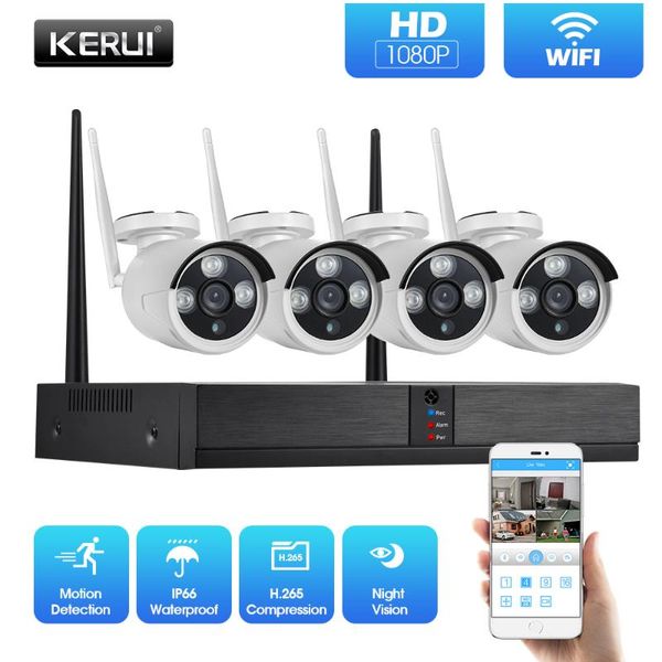 

wireless camera kits kerui security system h.265 1080p 2mp 4ch nvr outdoor ir-cut cctv video surveillance kit home ip
