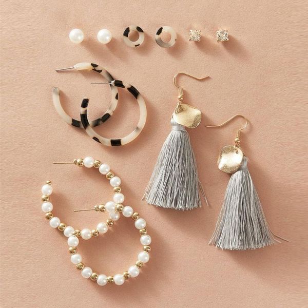 

hoop & huggie 6 pairs/set pearl resin tassel women's earrings set crystal boho geometric for women 2021 jewelry gifts, Golden;silver
