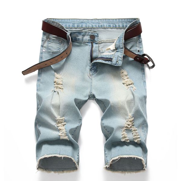 

men's jeans men loose denim shorts multi-pocket short light blue ripped hole design summer casual