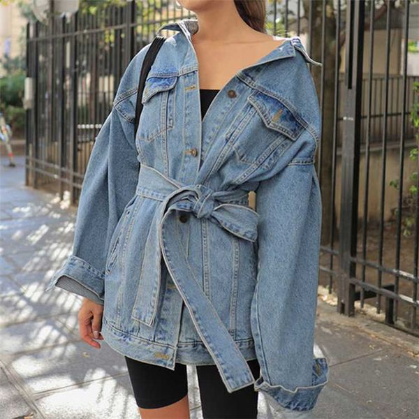 

women's denim jackets sashes lace up outerwear 2020autumn winter high street fashionable blue long jeans, Black;brown