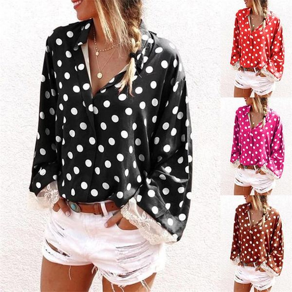 

lace sleeve polka dot shirt designer long sleeve famale casual lapel neck shirt ladies fashion clothing womens, White