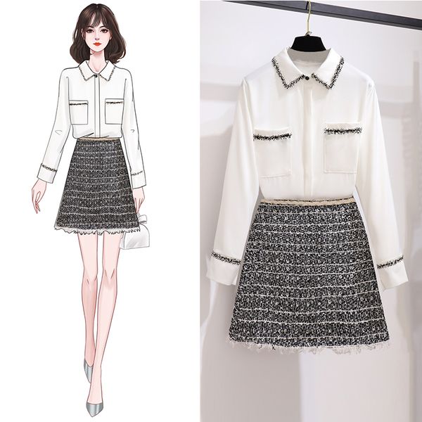 

sweet suits long sleeved white chiffon blouse shirt high waist mini bodycon skirt autumn two piece suit office dress, Gray