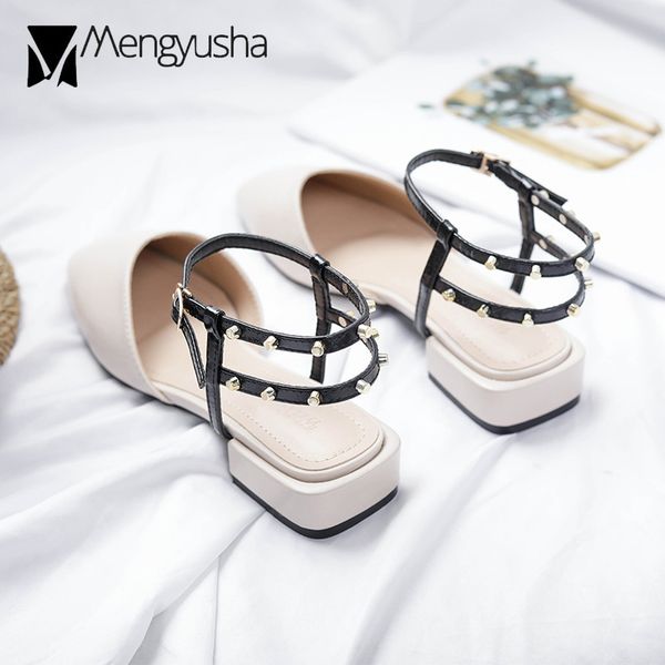 

punk style rivets ankle strap sandals women square toe narrow band summer shoes woman chunky heel gladiator sandalias mujer 2020, Black