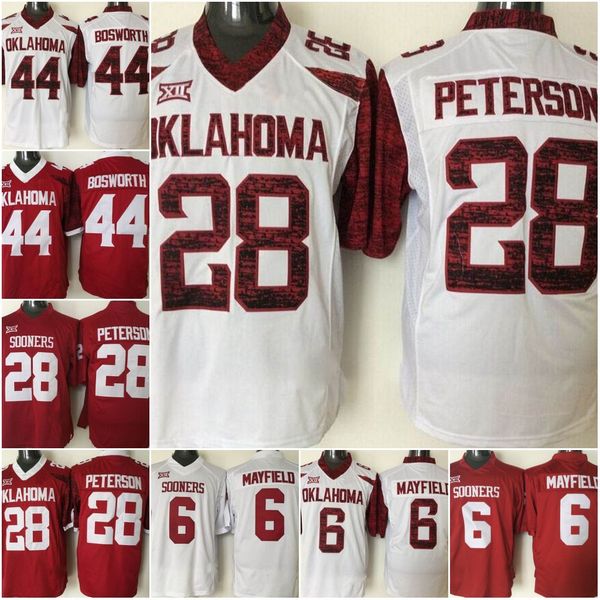 

oklahoma sooners football jerseys 28 peterson 6 mayfield 44 bosworth men's women's youth white red rugby jersey customize, Black
