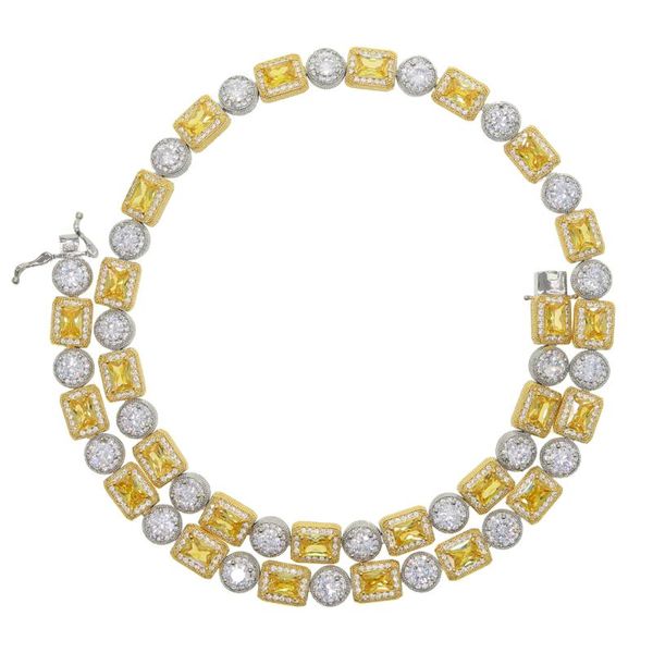 

iced out bling cz cluster necklace for women men clear yellow two tone round rectangle geometric cz tennis chain hiphop jewelry, Silver