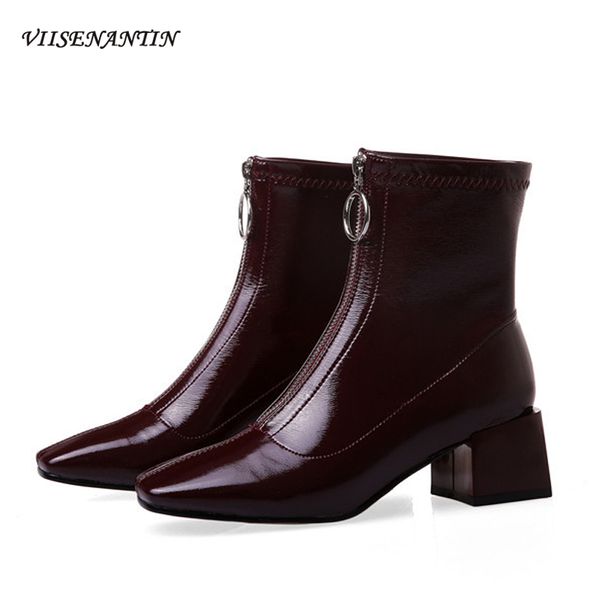 

wine red patent leather women ankle boots female british style thick heel zipper fashion boots square toe mid-heel short, Black