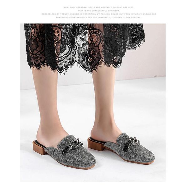 

2020 luxure shoes woman mules metal decoration square heels slippers closed toe slides shallow plus size shoes zapatos mujer black gray