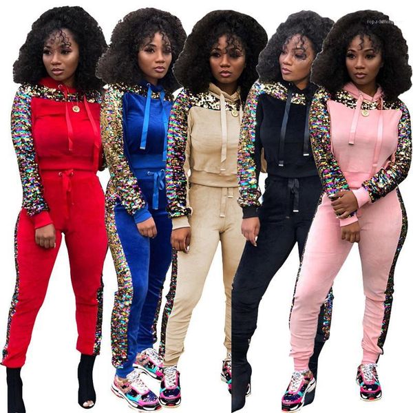 

брюки из двух частей брюки женские весна бинты костюмы обшитую панелями женщин 2ps set с капюшоном одежда блестки мода длинным рукавом, White