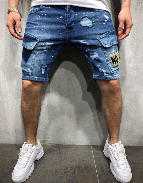 

men's jeans men summer shorts straight elasticity cotton ripped broken holes distressed hip hop light blue fashion fake zippers
