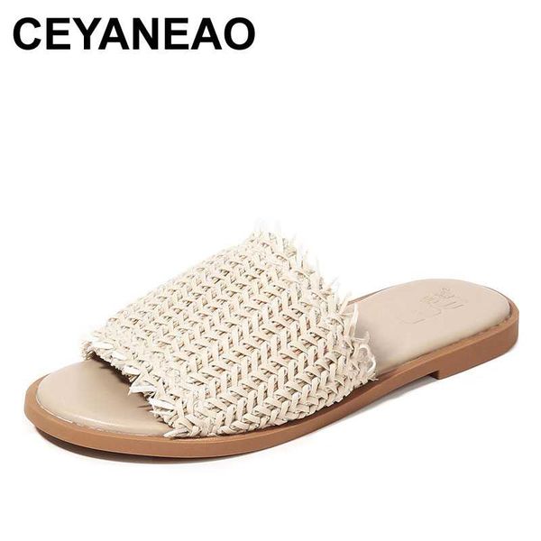 

ceyaneao 2020 summer women slippers weave flat shoes woman shoes open toe non-slip slippers outdoor slides soft sole large size, Black