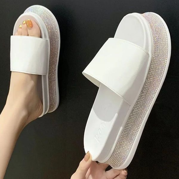 

crystal leopard slippers platform women sandals female outside thick sole summer women slippers open round toe women's shoes, Black