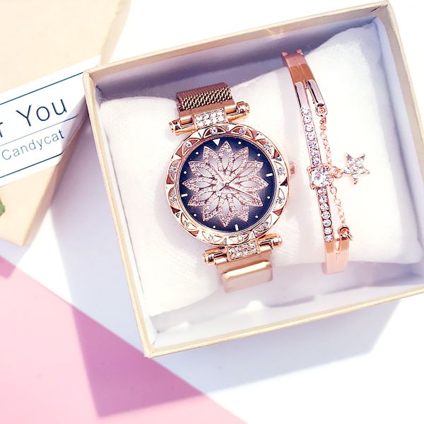 

women bracelet watches set rose lucky flower stainless steel magnet quartz wristwatch montre luxury diamond clock relogio femino, Slivery;brown