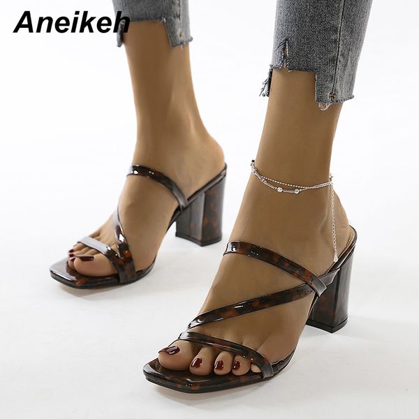 

aneikeh summer women shoes slippers slides pu shallow square heel outside square toe brown apricot size 35-41 new 2020 adult, Black