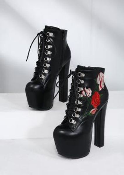 

2020 new style fashion women large flowers with thick heels ankle boos size 34-40, Black