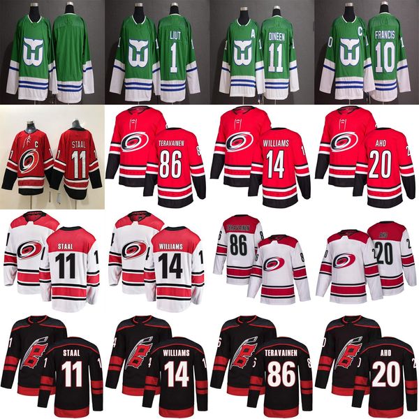

2018-2019 season carolina hurricanes jerseys 10 ron francis jersey 1 mike liut 11 kevin dineen 20 sebastian aho ice hockey jerseys stiched, Black;red