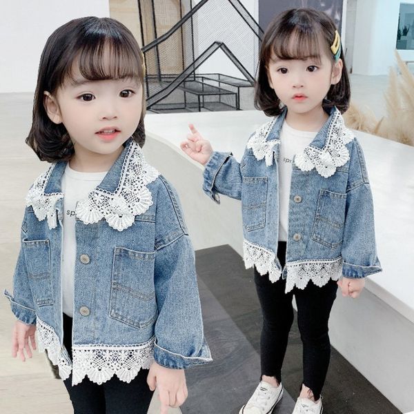 

kids designer clothes girls2020 lace denim jacket korean style spring and autumn short jacket denim jacket doll collar, Blue;gray