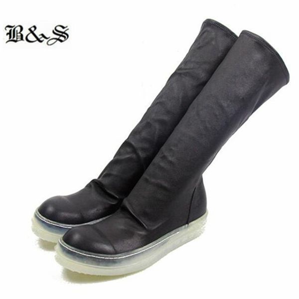 

black& street 2020ss transparent bottom elasticity microfiber pu +genuine leather quality sock boots flat trainer street boots