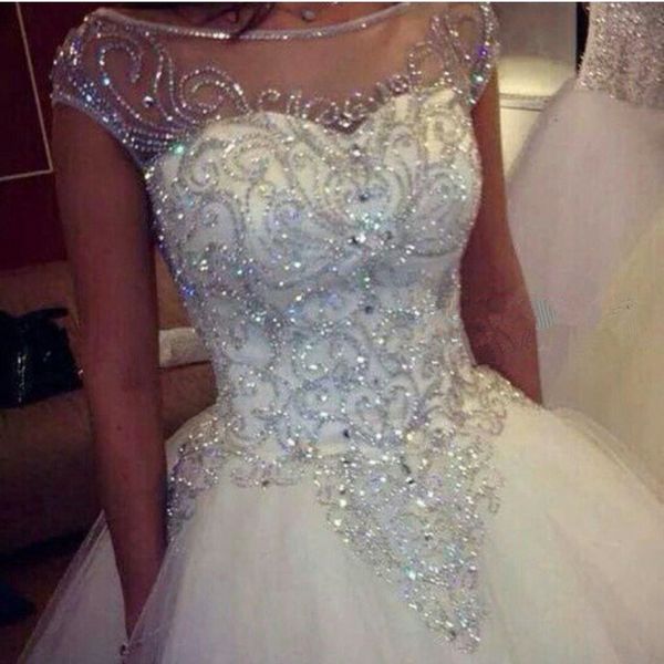 

Ball Gown Wedding Dresses New Gorgeous Dazzling Princess W1455 Bridal Real Image Luxurious Tulle Handmade Rhinestones Crystal Sheer Top
