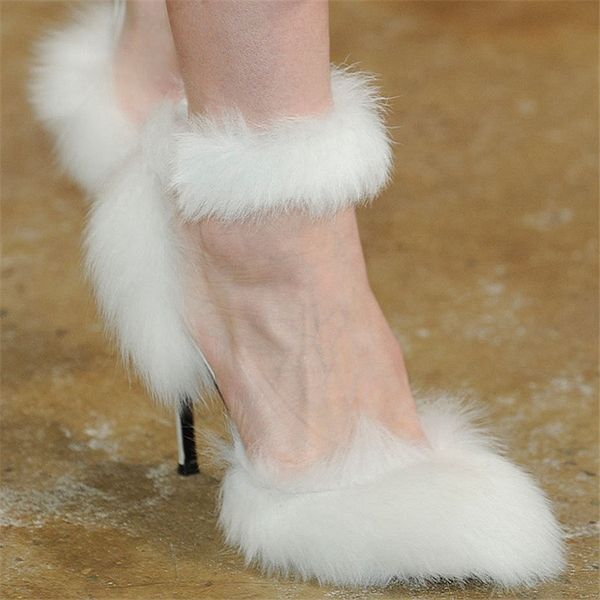 

femmes chaussures white luxury furry shoes woman brand high heels pointed toe ankle wrap stiletto fur sandals paris runway shoes, Black