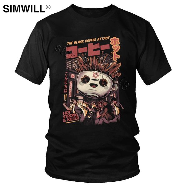 

funny magic coffee t shirt for men 100% cotton monster attack humor graphic t-shirt short sleeve japanese supernatural tee