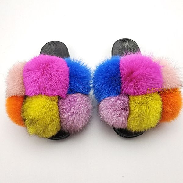 

new fur ball fluffy slippers women furry fur slippers fashion slides ladies sandals plush sliders hair ball, Black