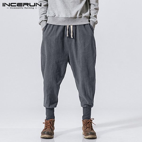 

men's pants incerun men harem drawstring cotton joggers solid 2021 streetwear drop-crotch trousers baggy casual sweatpants s-5xl, Black