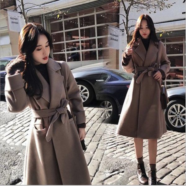 

women's wool & blends 2021 women woolen coat elegant turn down collar thicken long dark coffee belted winter warm casaco feminino, Black