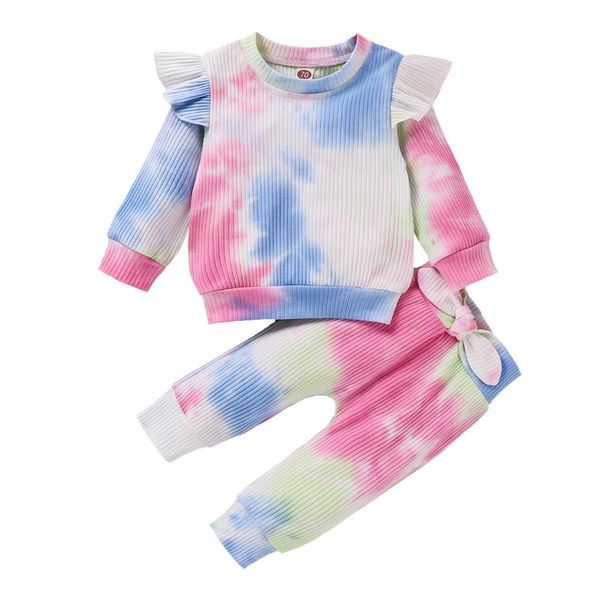 

clothing sets 6m-4years 2pcs baby girl spring autumn ribbed tie dye print outfits ruffled long sleeve ruffle t-shirt + bowknot pants set, White