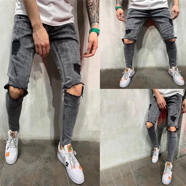 

regular mid waist patch design mens pencil pants casual male clothing hole mens designer jeans fashion long, Blue