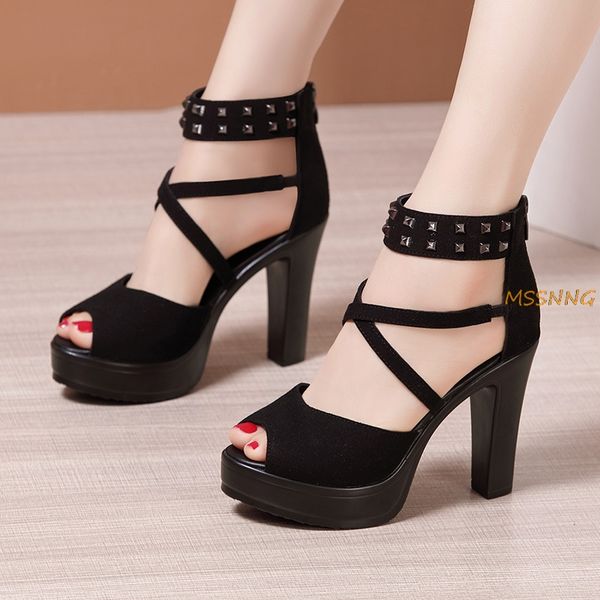 

sandals 2021 summer women's high heels rome peep toe rivet ladies shoes super heel solid big size, Black
