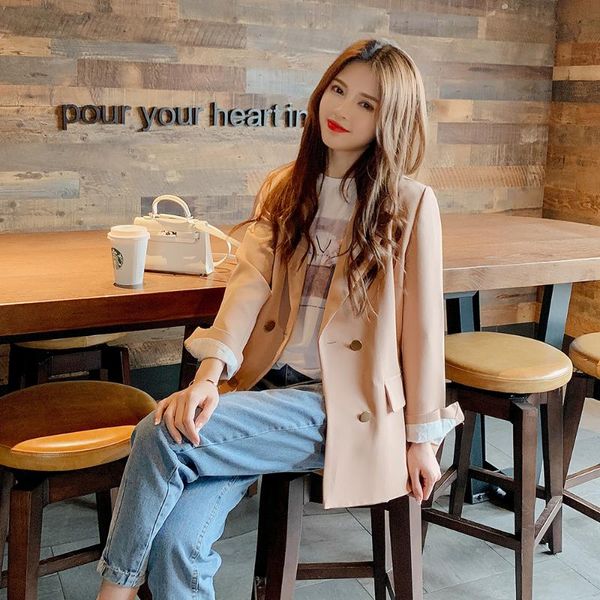 

solid pink blazer pocket full sleeve lapel office lady casual chic fashion collar ladies solid double breasted buttons, White;black