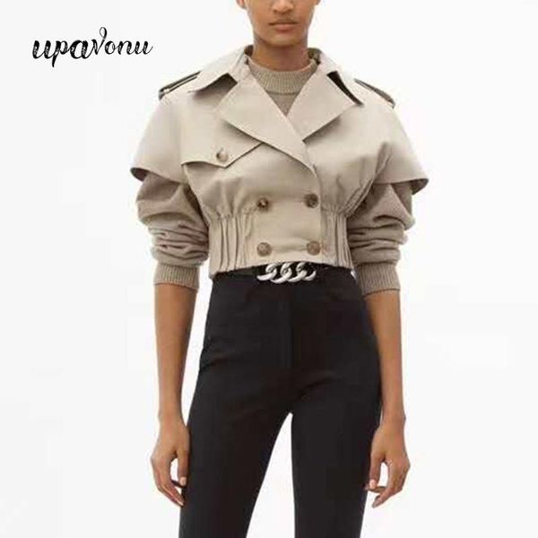 

2020 fashion chic women's windbreaker elastic slim short windbreaker jacket women's double-breasted short sleeve lapel jacket, Black;brown