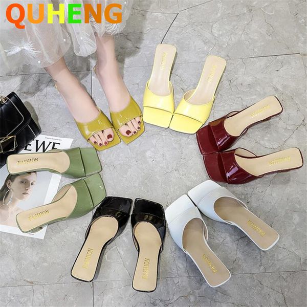 

women slippers fashion square head peep toes hoof heels patent leather 2020 ins new female slides wholesale, Black