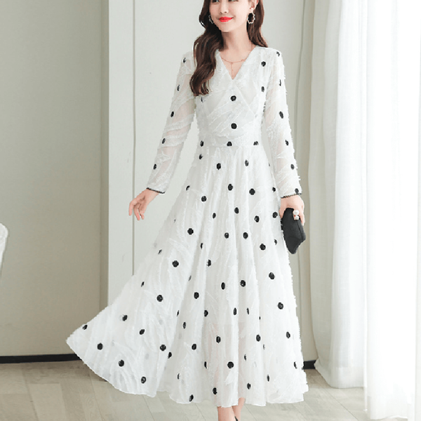 

hchenli brand 2020 women long white circle dot dress chiffon dresses, Black;gray