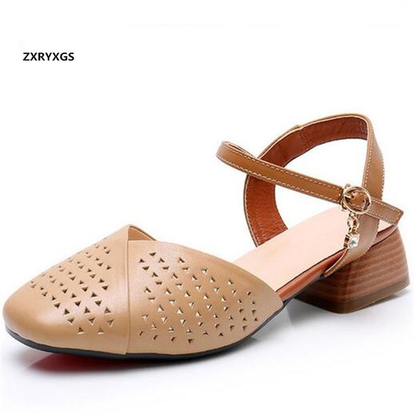 

круглый toe elegance сандалии моды hollow подлинная кожаные сандалии летней женщины толстые пятки женщин обувь обувь размер 31-43, Black