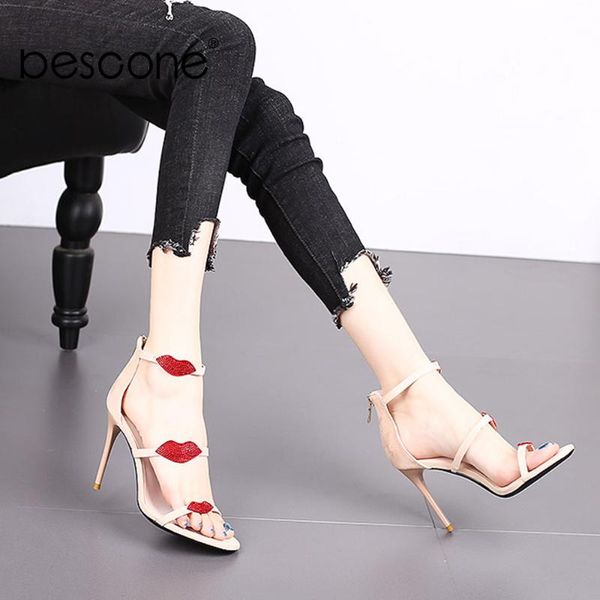 

bescone sandals women fashion handmade ladies sandals thin heel super high heel dress party lip print women's shoes bo642, Black