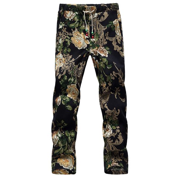 

summer mens drawstring trousers 7 colors men flower pants large size s-6xl, Black