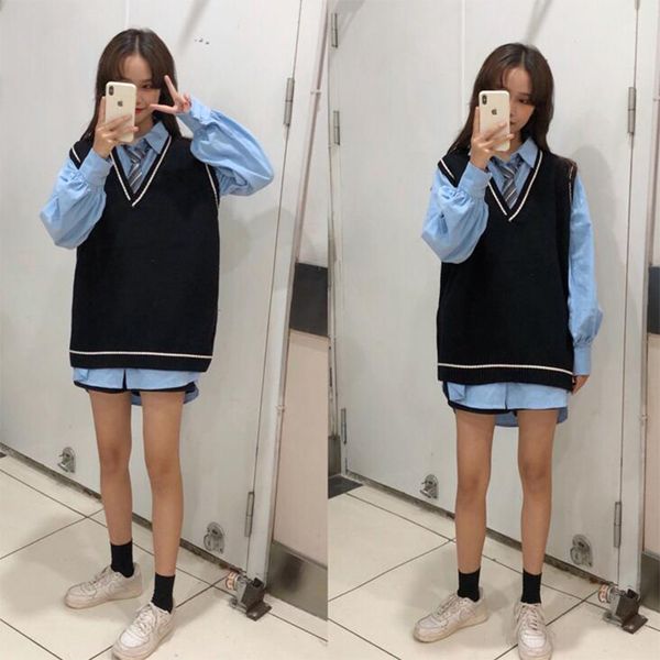 

sleeveless winter for women 2020 korean preppy style vintage embroidery v neck knitted sweater vest black grey coffee p-473, Black;white