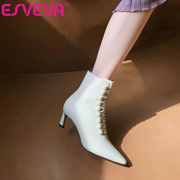 

esveva 2021 elegant pointed toe thin high heel pu+leather ankle boots women boots shoes western style black size 34-39