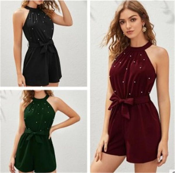 

solid color casual clothing womens designer halter shorts jumpsuit bandage bow sleeveless bead jumpsuits women summer sexy, Black;white