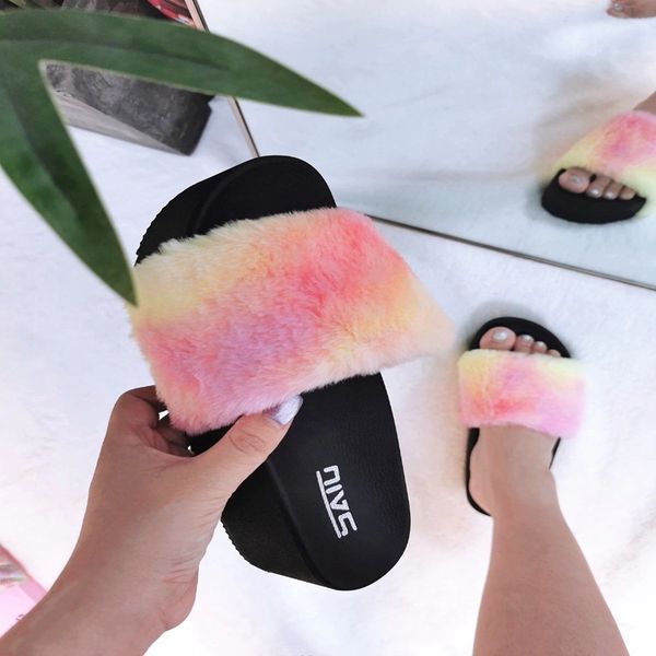 

2020 new style women's plush shoes fur slippers mixed colors outdoor flat sandals fashion plus size 41, Black