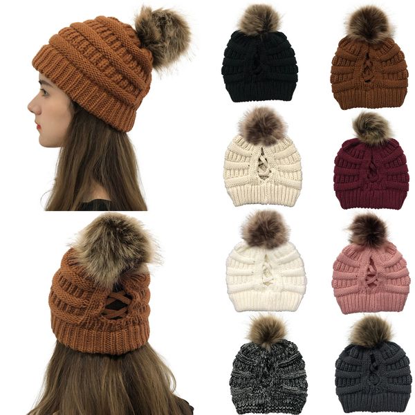 

2020 trendy ponytail hats cable slouchy skull caps winter knitted fur poms beanie label fedora fashion leisure outdoor hats, Yellow