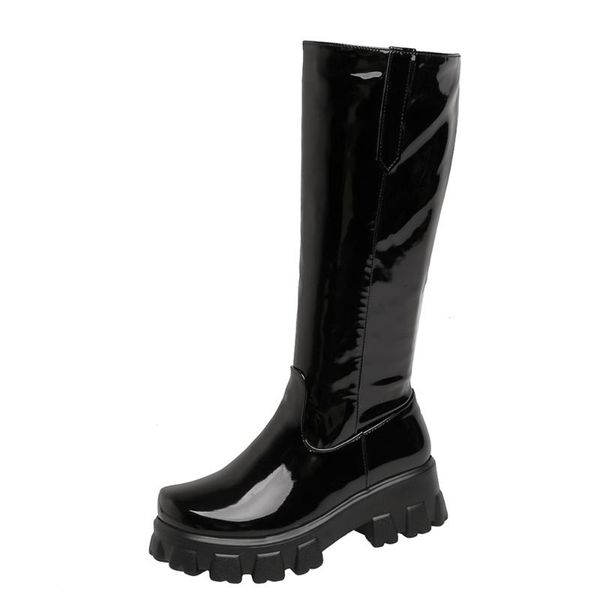

2020 thick-soled wedge platform boots polyurethane platform short plush patent leather knee-length boots red shoes, Black