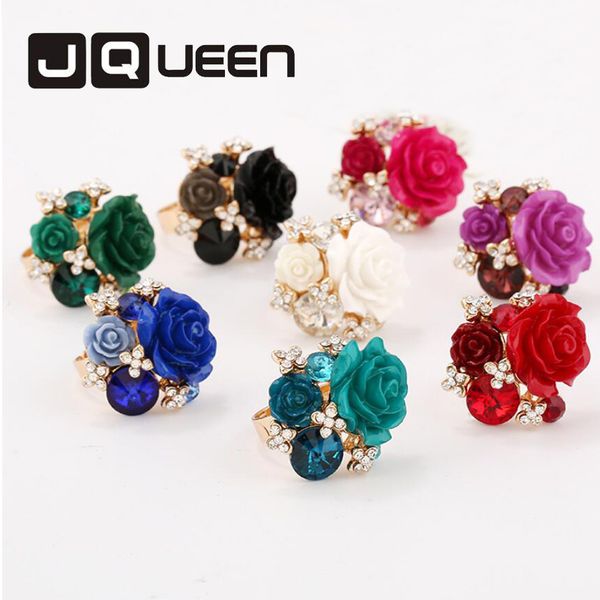 

cluster rings women jewelry resin roses flower adjustable big crystal finger ring ethnic bijoux homme, Golden;silver