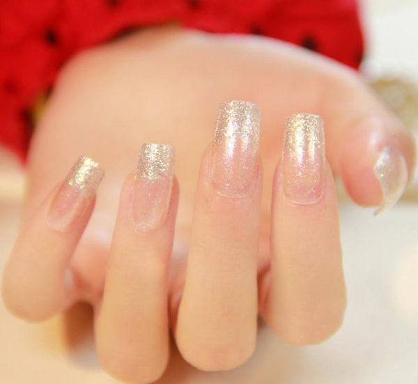 

2020 new french 24pcs silver slitter square false nails long full artificial nails with powder faux ongle naturelle, Red;gold