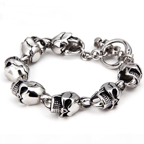 

large gothic skull biker stainless steel men's bracelet punk style male bangles wholesale new fashion jewelry, Golden;silver