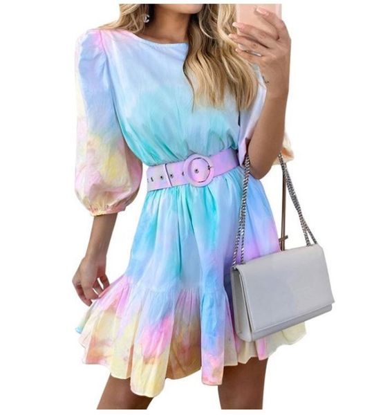 

женской дизайнер tie dye платье симпатичные мини платье для женщин вскользь пояс способ сборки лоскутной платья vestidos de verano, Black;gray