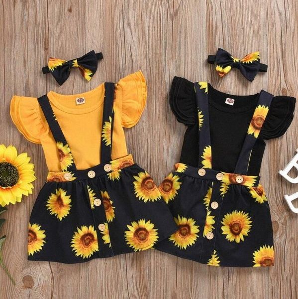 

kids clothes baby girls sunflower clothing sets summer fly sleeve suspender skirts suits children lovely button floral outfits ayp xmv1#, White